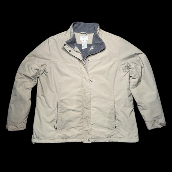 LL Bean Jacket Mens XL Beige Fleece Lined Bomber Warm Up Wind Water Resistant - Picture 1 of 8